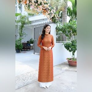 Elegant Orange Patterned vietnamese áo dài